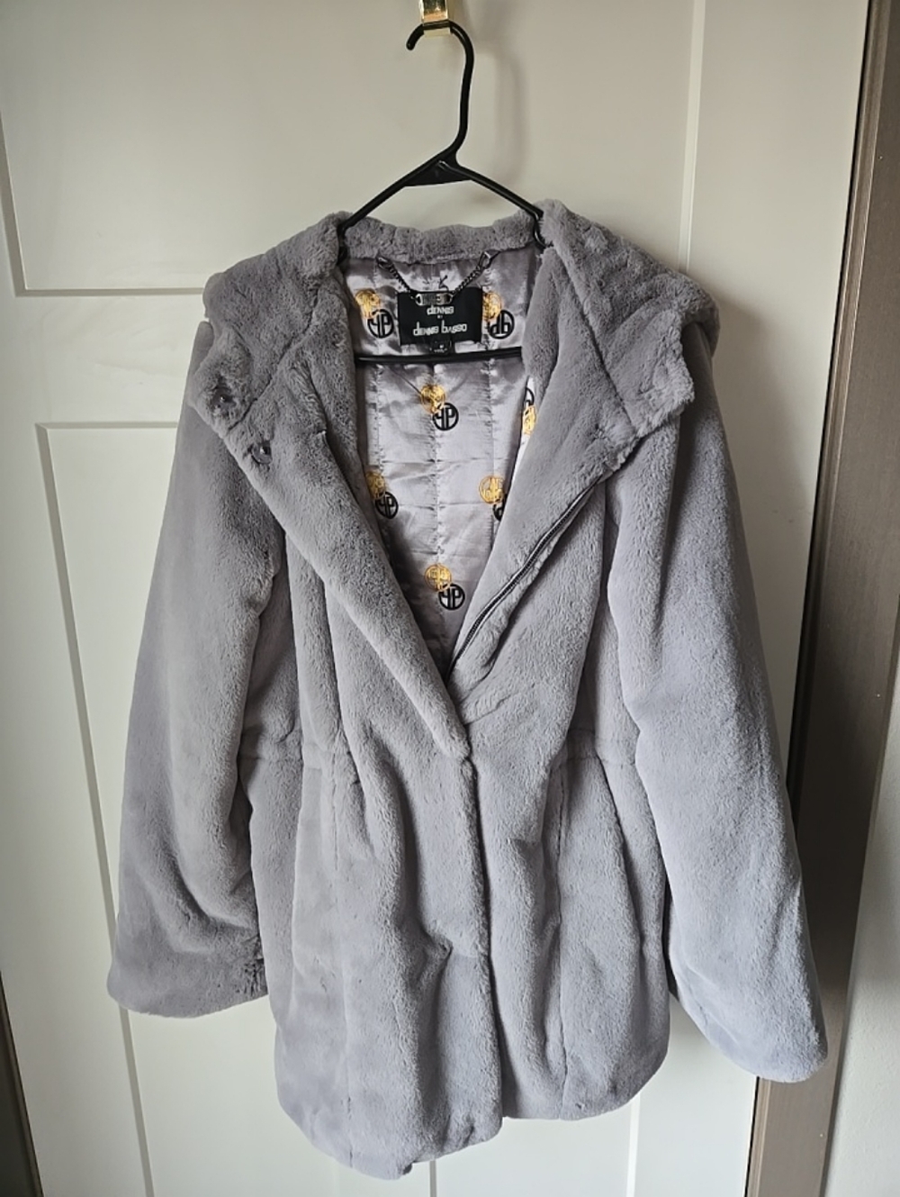 Dennis Basso Gray Faux Fur Hooded Coat Jacket Womens Med  Zipper vintage